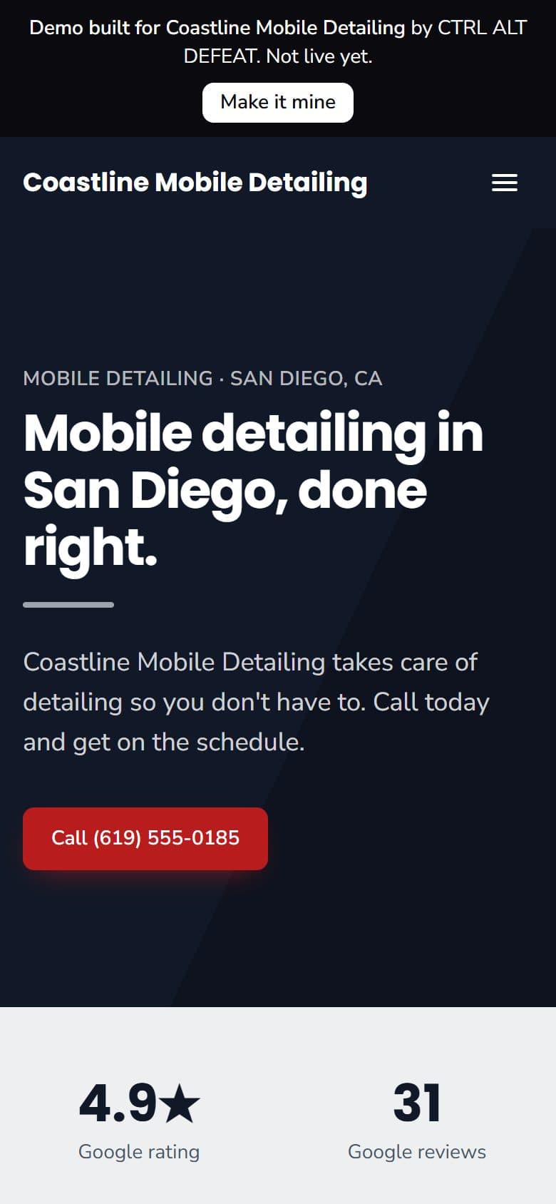 Sample site for Coastline Mobile Detailing, a made-up mobile detailing business