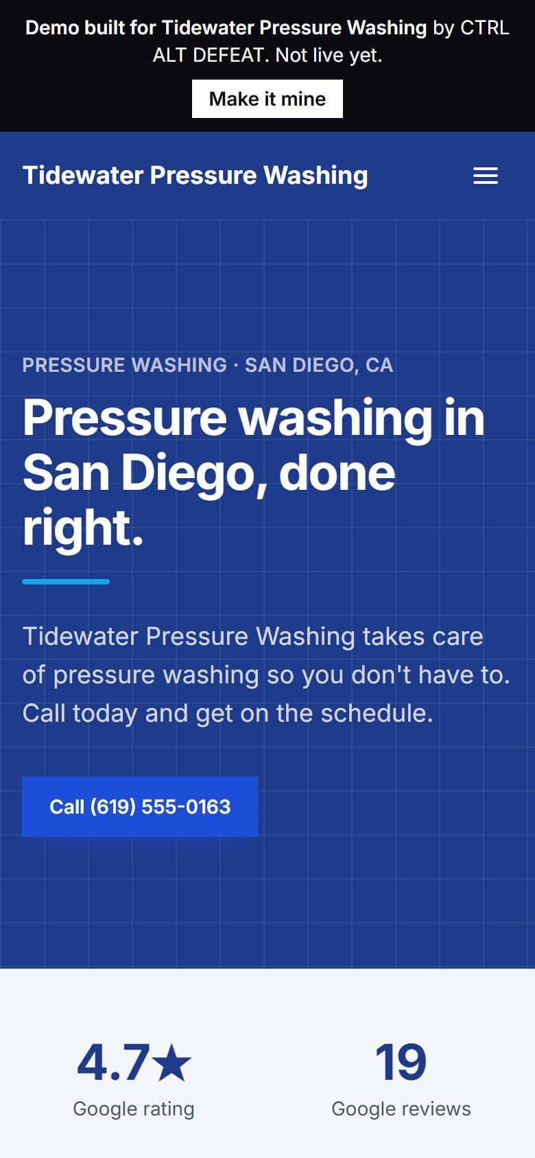 Sample site for Tidewater Pressure Washing, a made-up pressure washing business